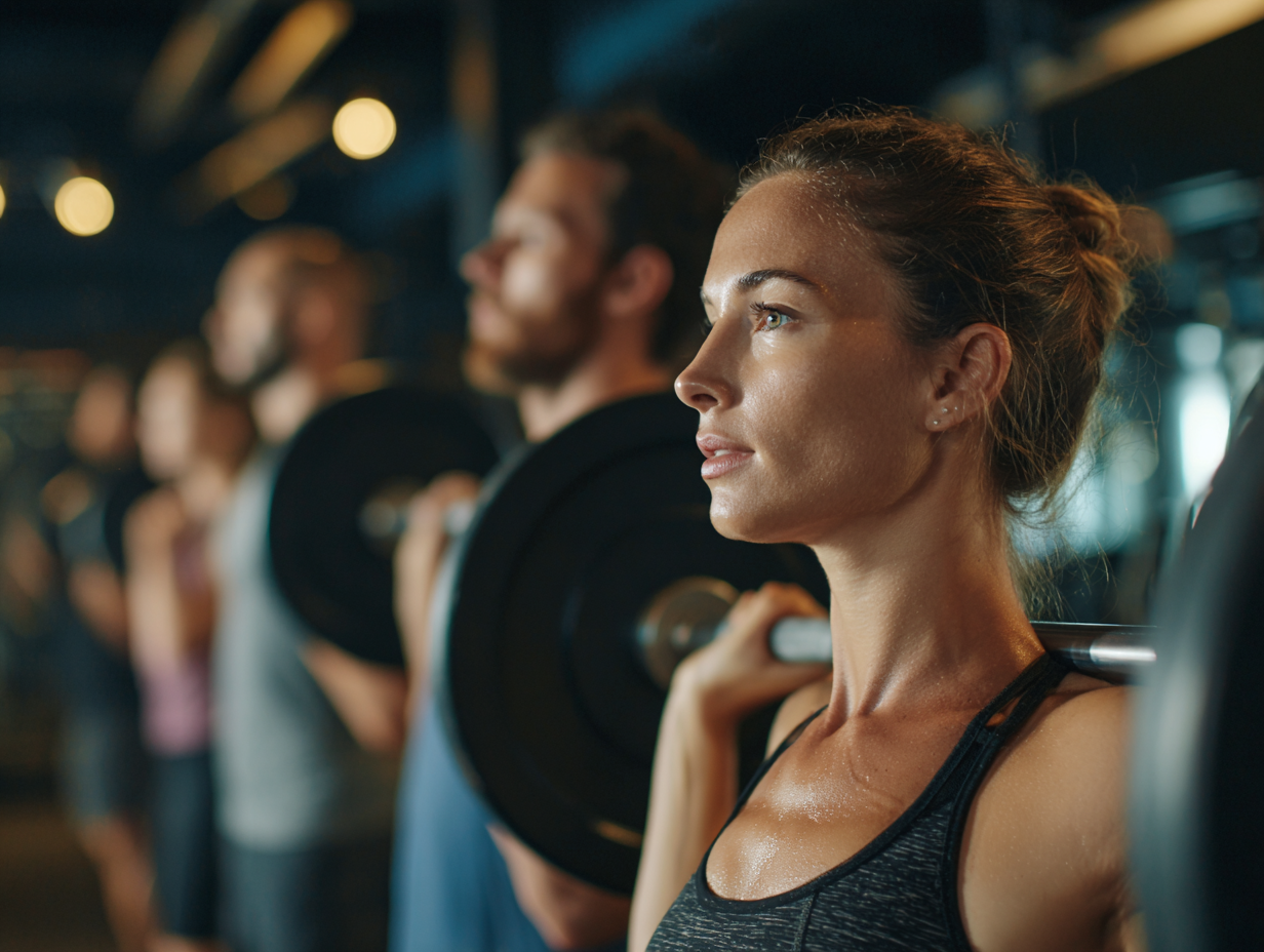 Атлетичні люди різного віку займаються силовими тренуваннями в сучасному фітнес-центрі