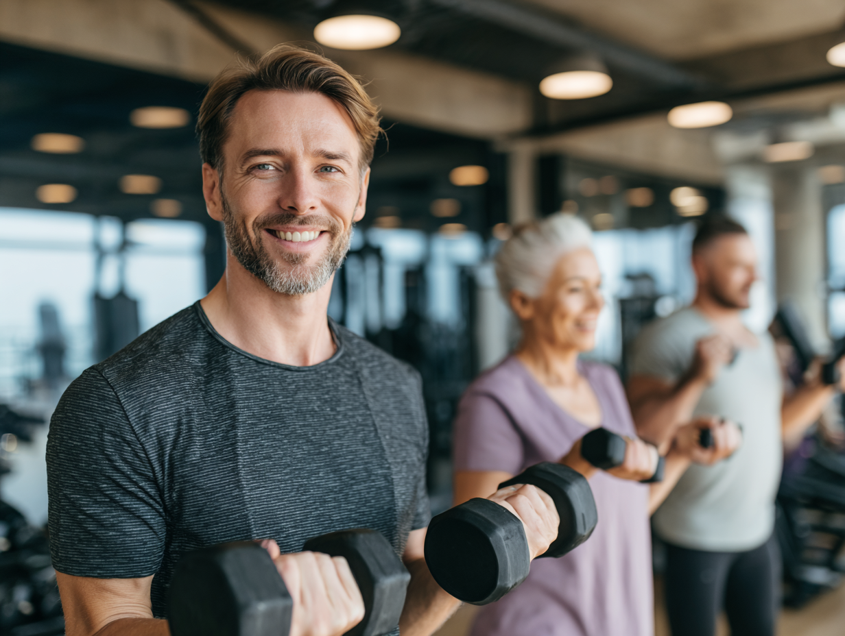 Активні люди різного віку займаються фітнесом в сучасному спортивному залі